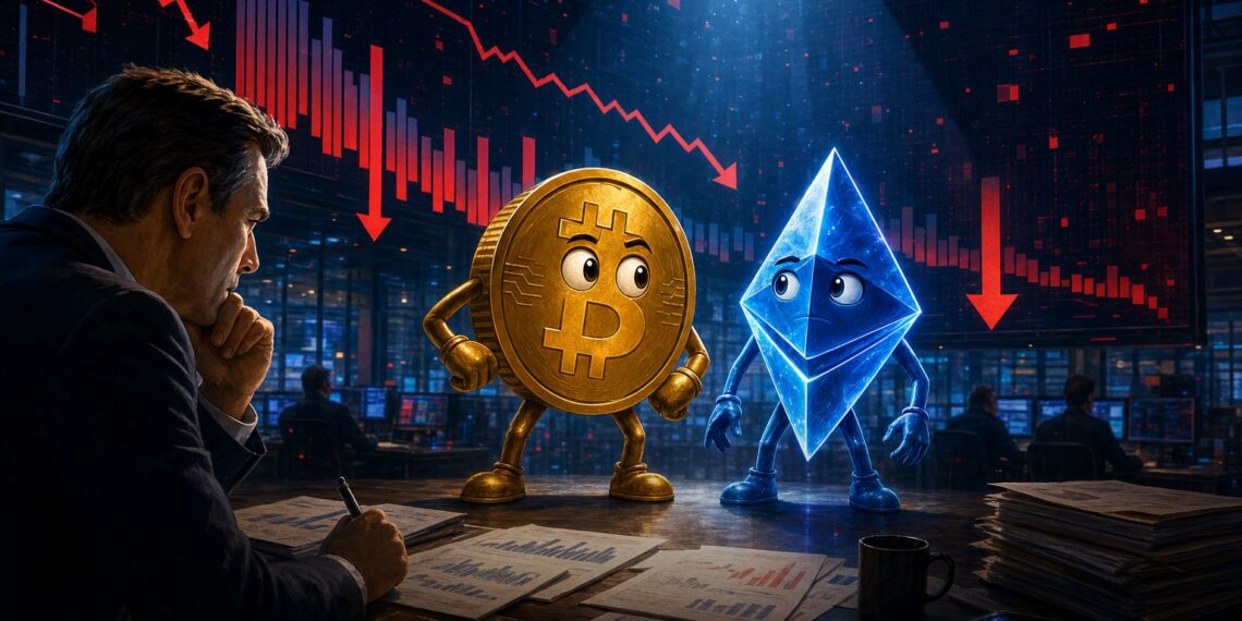 Ilustração editorial de Bitcoin e Ethereum diante de gráficos de ETFs em queda