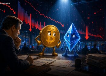Ilustração editorial de Bitcoin e Ethereum diante de gráficos de ETFs em queda