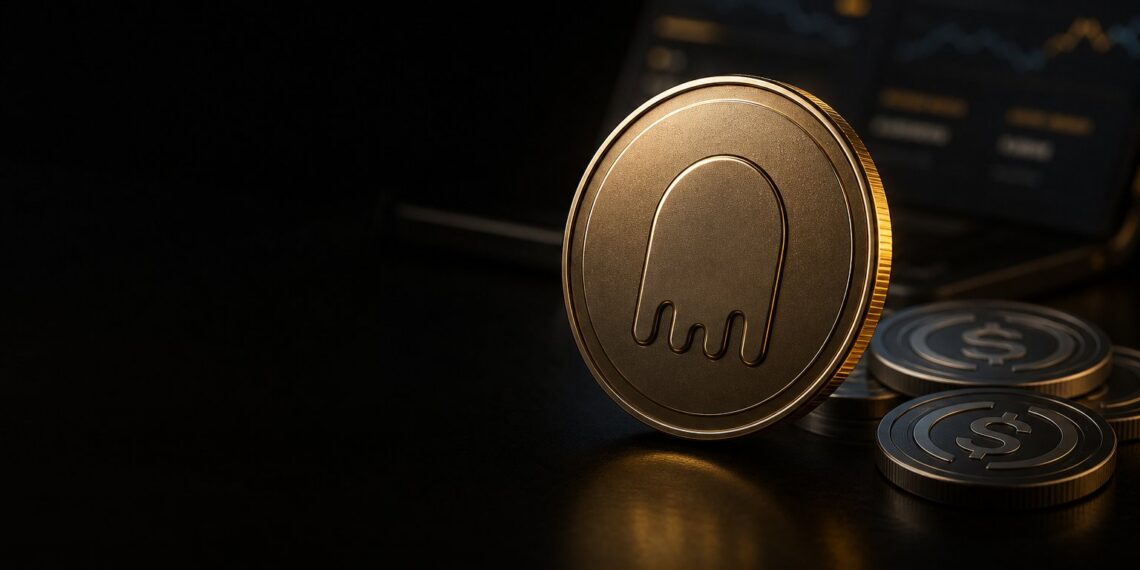 Moeda Aave e stablecoins em cena editorial escura sobre rendimento DeFi para fintechs