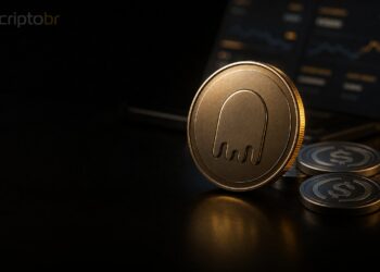 Moeda Aave e stablecoins em cena editorial escura sobre rendimento DeFi para fintechs