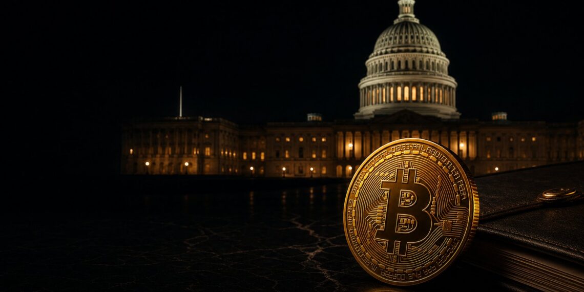 Capitólio dos EUA com moeda de Bitcoin em capa editorial sobre Clarity Act