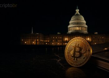 Capitólio dos EUA com moeda de Bitcoin em capa editorial sobre Clarity Act