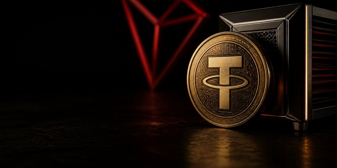Moeda USDT em cena escura representando stablecoins na rede TRON