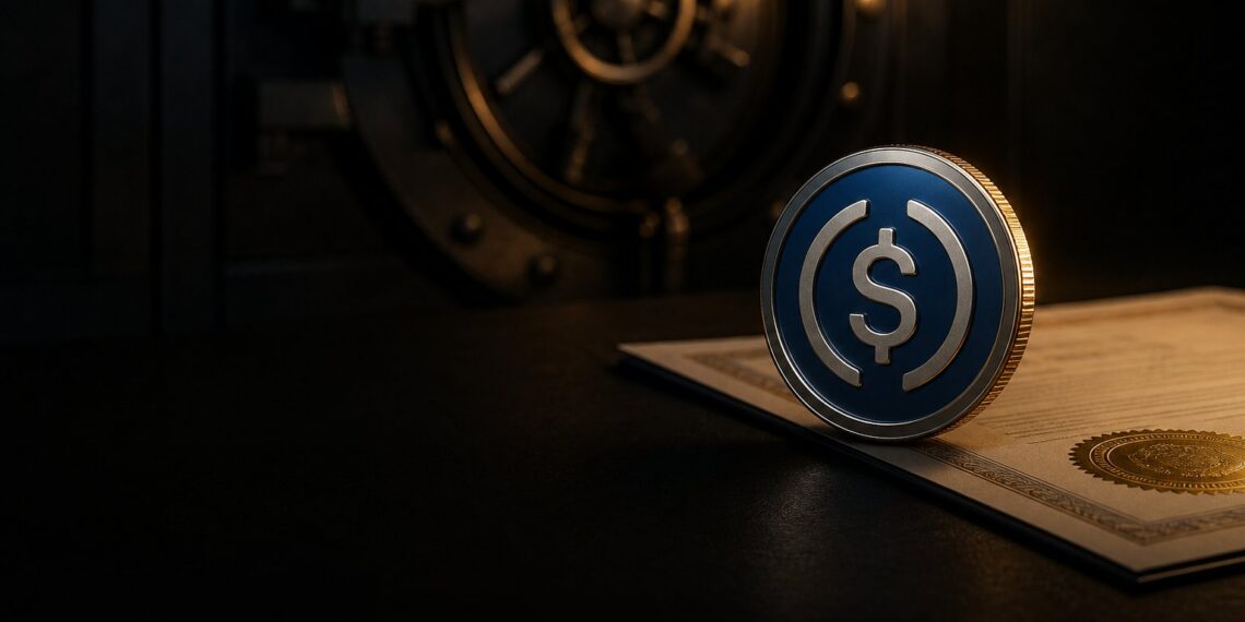 Token USDC e documento de aprovação bancária em capa editorial escura