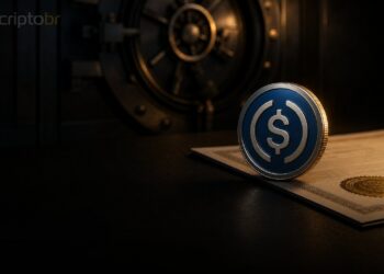 Token USDC e documento de aprovação bancária em capa editorial escura