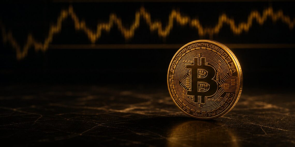 Moeda de Bitcoin em destaque sobre mesa escura com gráfico desfocado ao fundo
