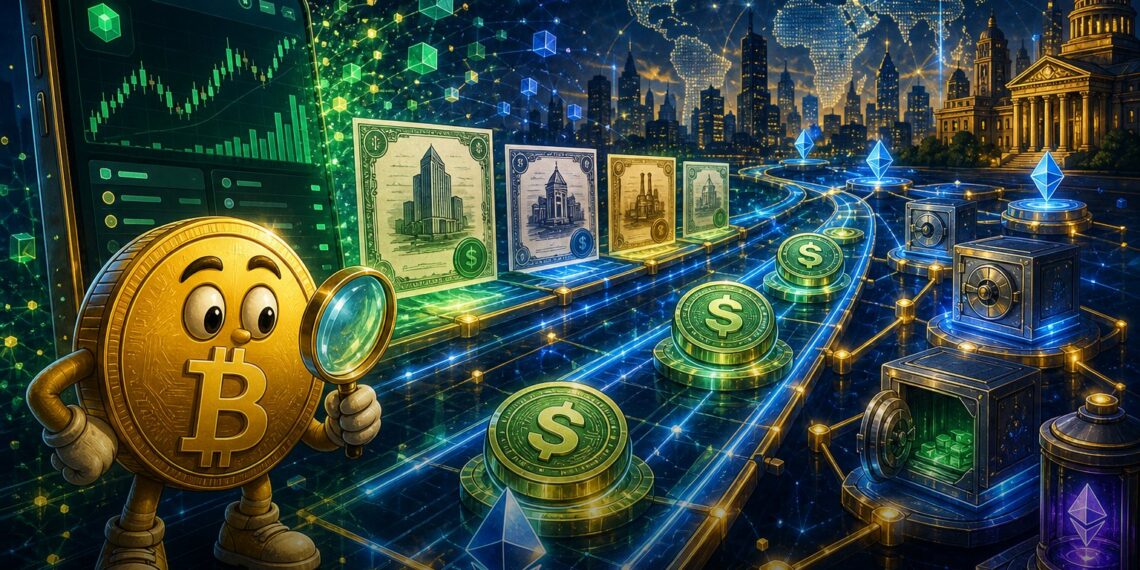 Ilustração editorial da Robinhood Chain conectando ações tokenizadas, DeFi e Bitcoin em trilhos on-chain.