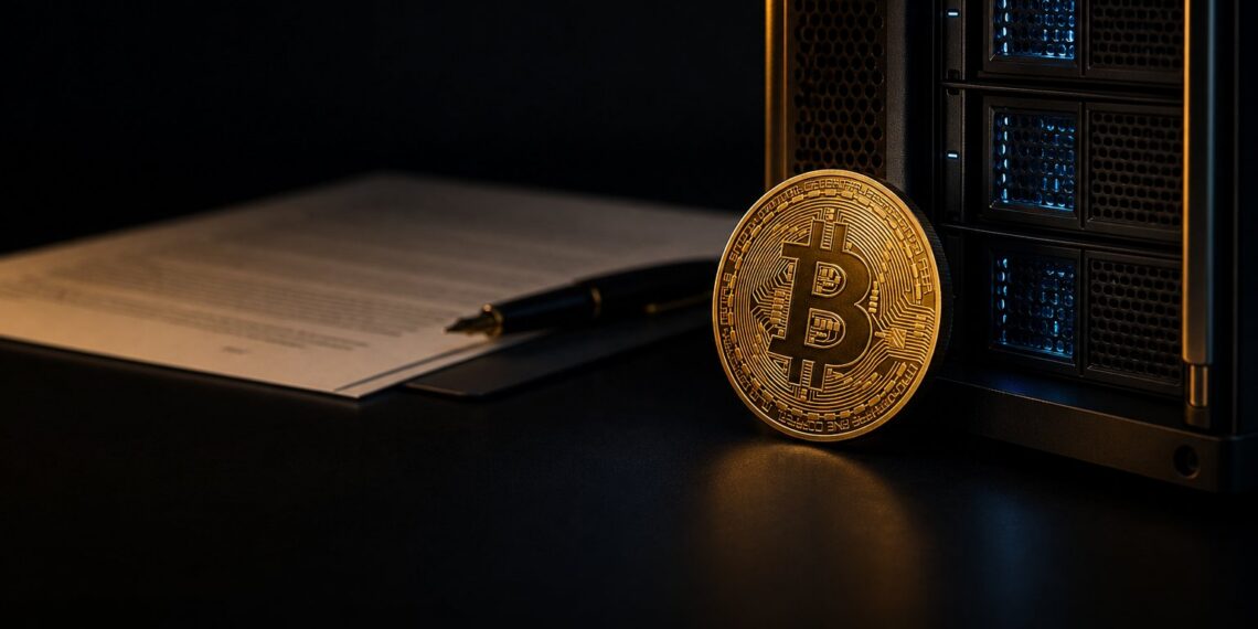 Bitcoin físico ao lado de módulo de data center de IA em capa editorial escura