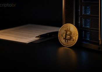Bitcoin físico ao lado de módulo de data center de IA em capa editorial escura