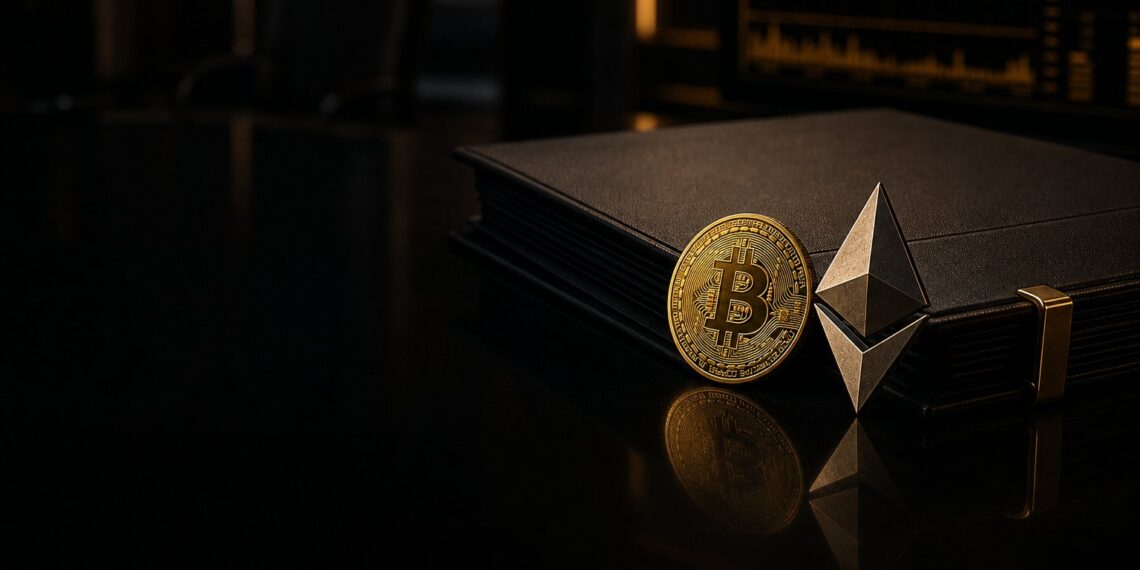 Capa editorial com moeda de Bitcoin, símbolo do Ethereum e pasta institucional de ETFs em mesa escura