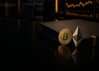 Capa editorial com moeda de Bitcoin, símbolo do Ethereum e pasta institucional de ETFs em mesa escura