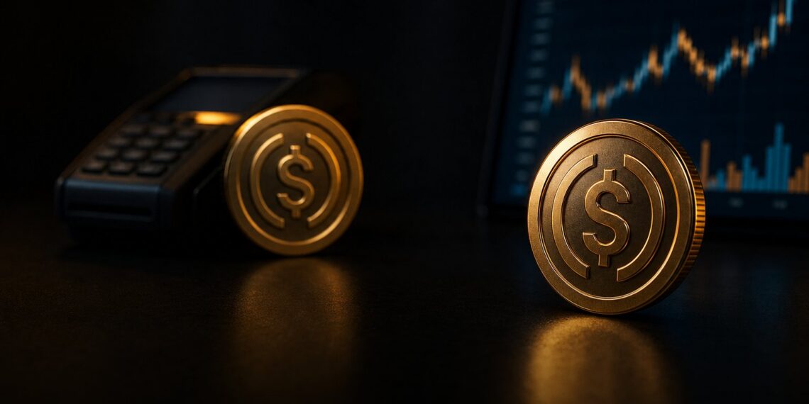 Stablecoins USDT e USDC em destaque sobre mesa escura, representando pagamentos e DeFi