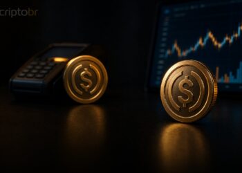 Stablecoins USDT e USDC em destaque sobre mesa escura, representando pagamentos e DeFi