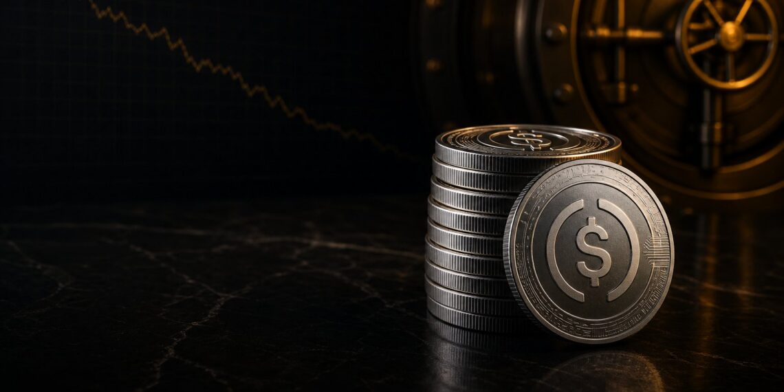 Stablecoins em mesa escura representando contração de liquidez no mercado cripto