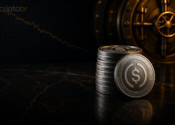 Stablecoins em mesa escura representando contração de liquidez no mercado cripto