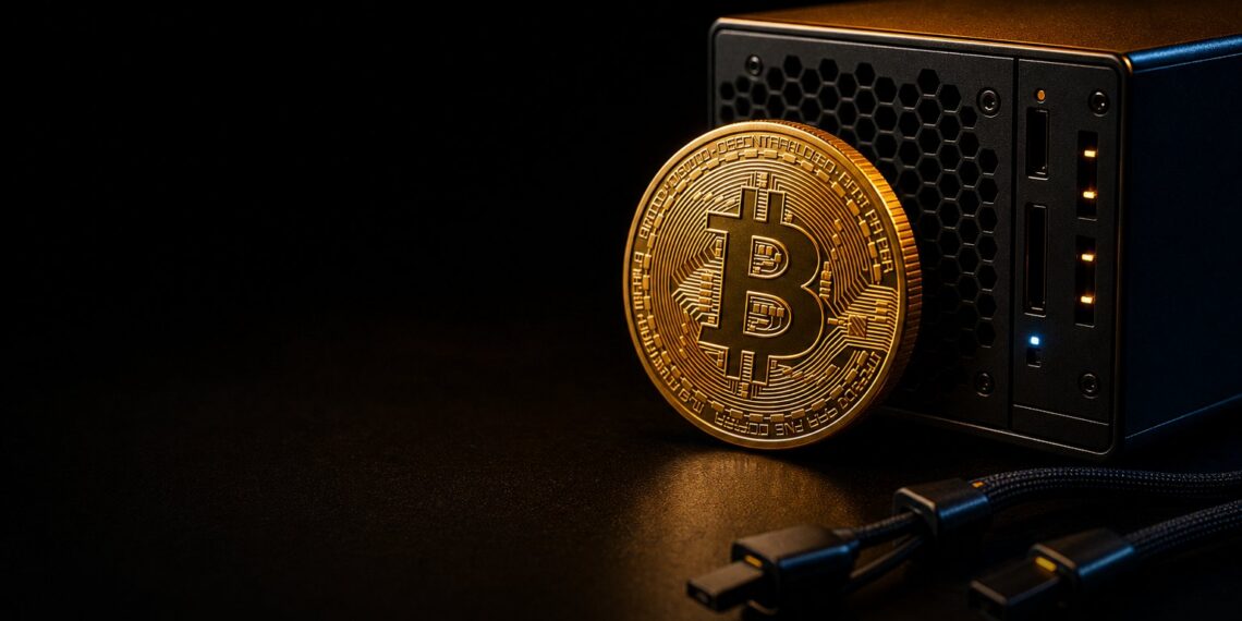 Bitcoin ao lado de hardware de nó, representando debate sobre fork BIP-110 e Ordinals