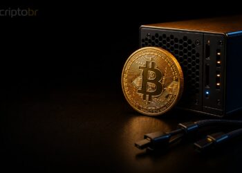 Bitcoin ao lado de hardware de nó, representando debate sobre fork BIP-110 e Ordinals