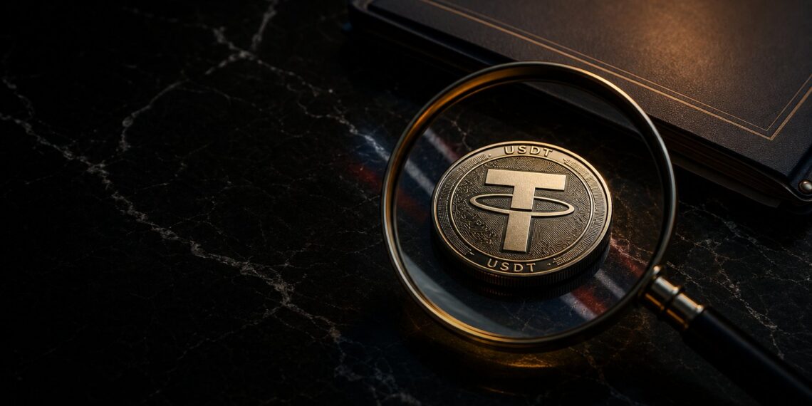 Capa editorial com token USDT sob lupa em contexto de fiscalização financeira na Tailândia