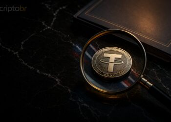 Capa editorial com token USDT sob lupa em contexto de fiscalização financeira na Tailândia