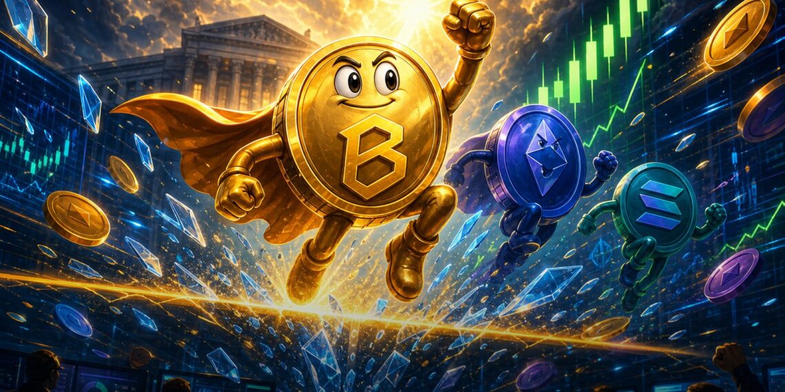 Mascote do Bitcoin sobe em gráfico de mercado após alívio no Fed