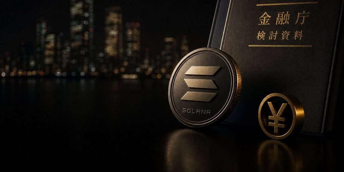 Token da Solana ao lado de documento financeiro japonês em fundo escuro