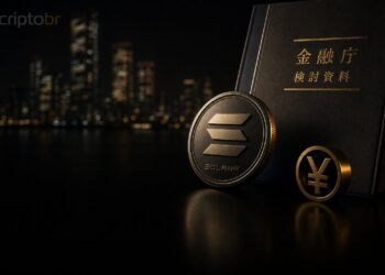 Token da Solana ao lado de documento financeiro japonês em fundo escuro
