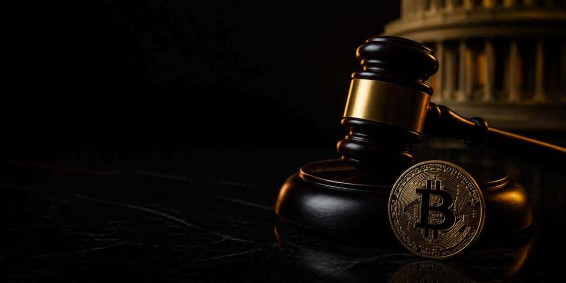 Martelo judicial e moeda de Bitcoin em capa sobre regulação cripto nos EUA