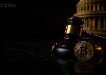 Martelo judicial e moeda de Bitcoin em capa sobre regulação cripto nos EUA