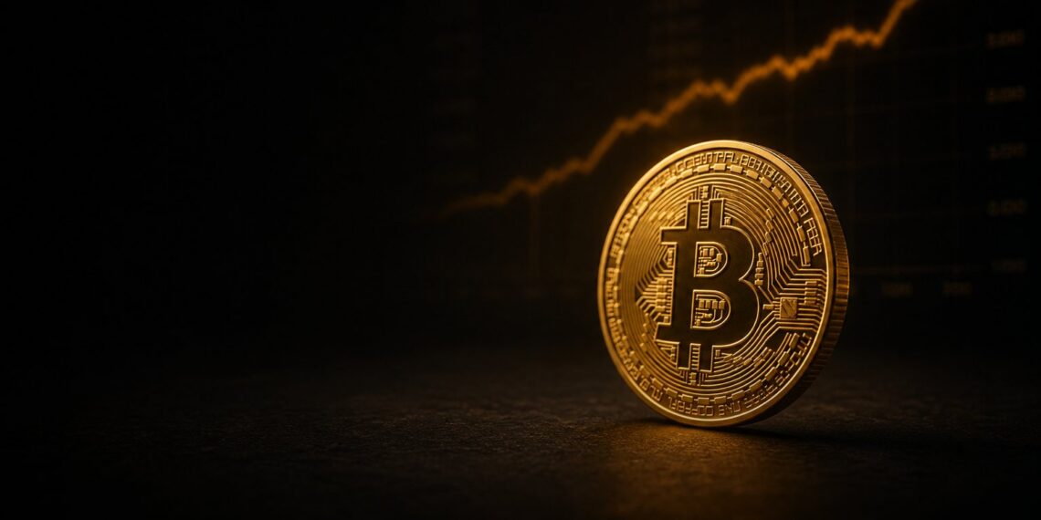 Moeda física de Bitcoin em fundo escuro para ilustrar rotação de oferta entre holders