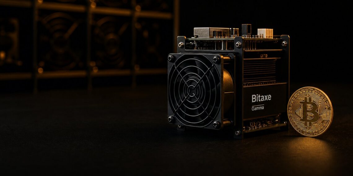 Minerador Bitaxe ao lado de moeda Bitcoin em capa editorial escura