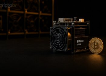 Minerador Bitaxe ao lado de moeda Bitcoin em capa editorial escura