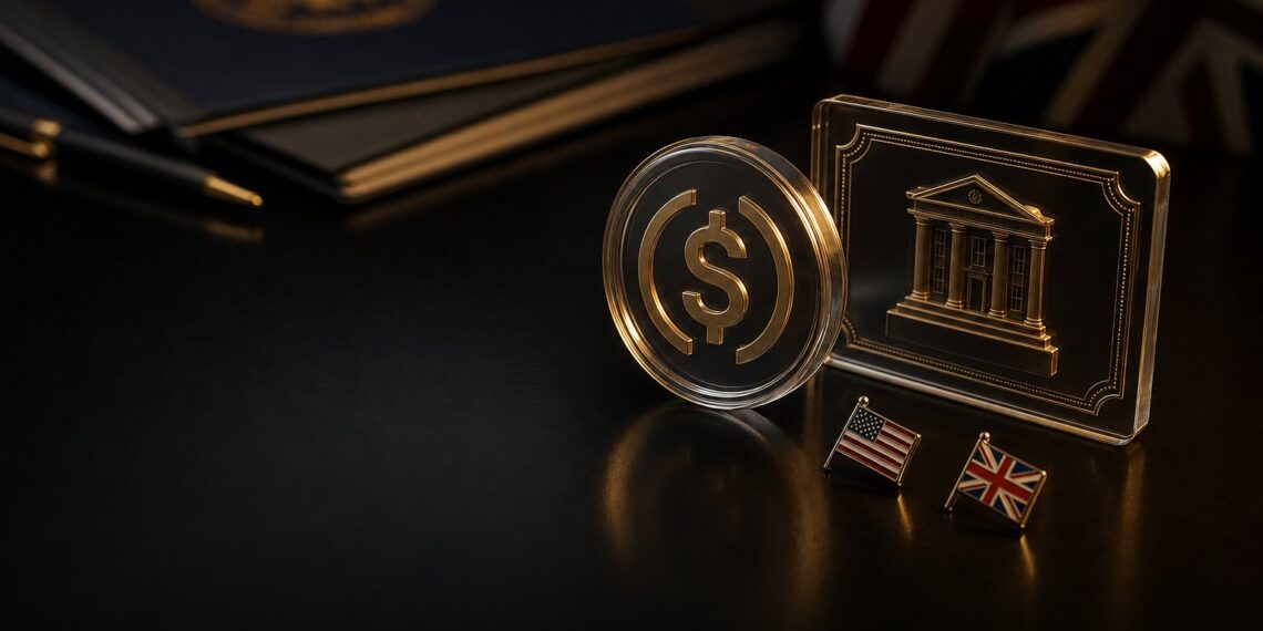 Stablecoin e símbolos dos EUA e Reino Unido em capa editorial sobre regulação de ativos digitais