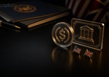 Stablecoin e símbolos dos EUA e Reino Unido em capa editorial sobre regulação de ativos digitais