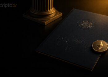 Documento fiscal do Reino Unido sobre DeFi com token cripto em mesa escura