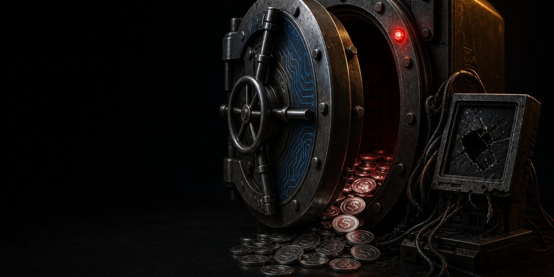 Cofre digital escuro representa exploit de oráculo que drenou USDC da Ostium no Arbitrum