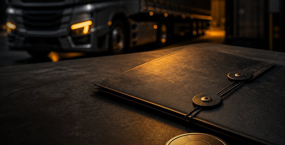Caminhão industrial e token digital representando teste de blockchain da Volvo em supply chain