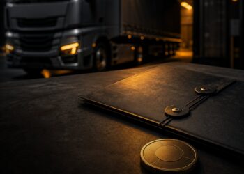 Caminhão industrial e token digital representando teste de blockchain da Volvo em supply chain