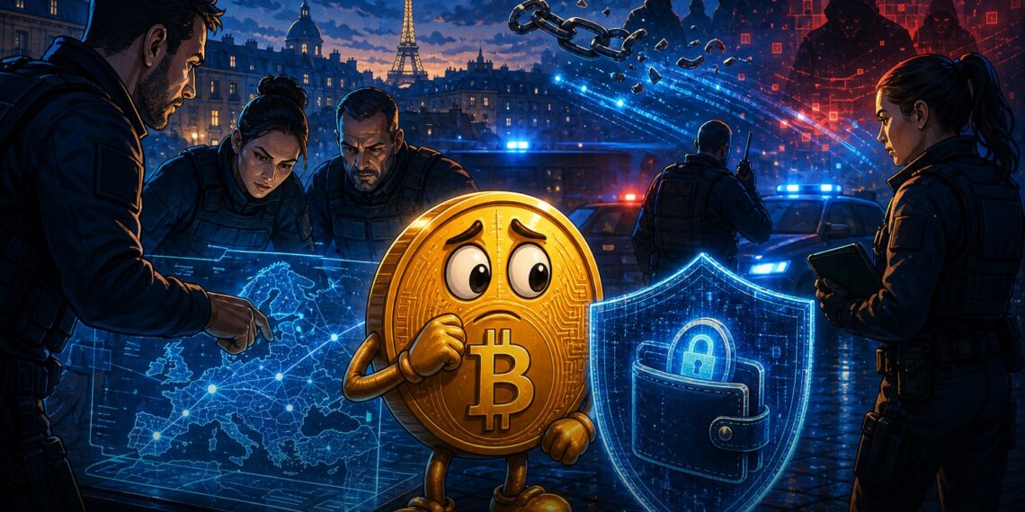 Ilustração editorial sobre ataques físicos ligados a cripto na França, com mascote Bitcoin e agentes de segurança.