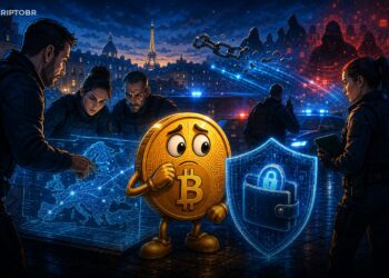 Ilustração editorial sobre ataques físicos ligados a cripto na França, com mascote Bitcoin e agentes de segurança.