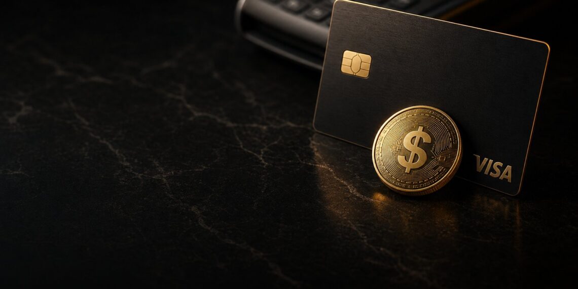 Cartão Visa e token digital representando stablecoins em infraestrutura de pagamentos