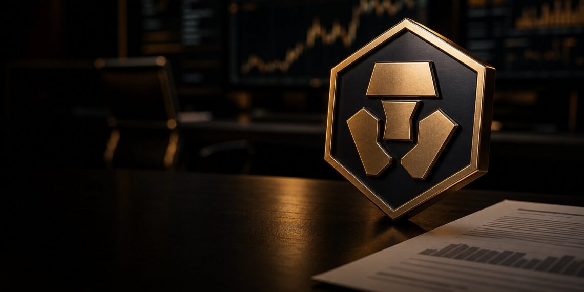 Emblema da Crypto.com em mesa de negociação institucional com iluminação escura e dourada