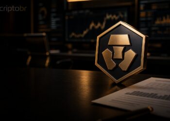 Emblema da Crypto.com em mesa de negociação institucional com iluminação escura e dourada