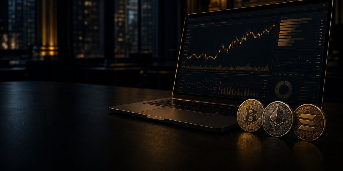 Mesa de trading escura com tokens de Bitcoin, Ethereum e Solana representando cripto spot no E*TRADE