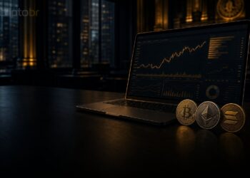 Mesa de trading escura com tokens de Bitcoin, Ethereum e Solana representando cripto spot no E*TRADE