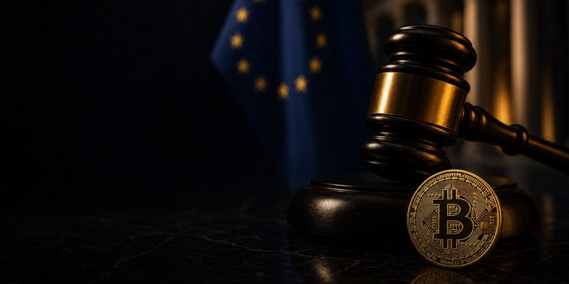 Martelo regulatório europeu com moeda de Bitcoin representando atualização da MiCA pela ESMA