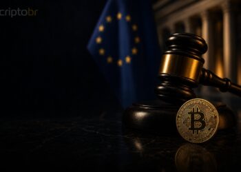 Martelo regulatório europeu com moeda de Bitcoin representando atualização da MiCA pela ESMA