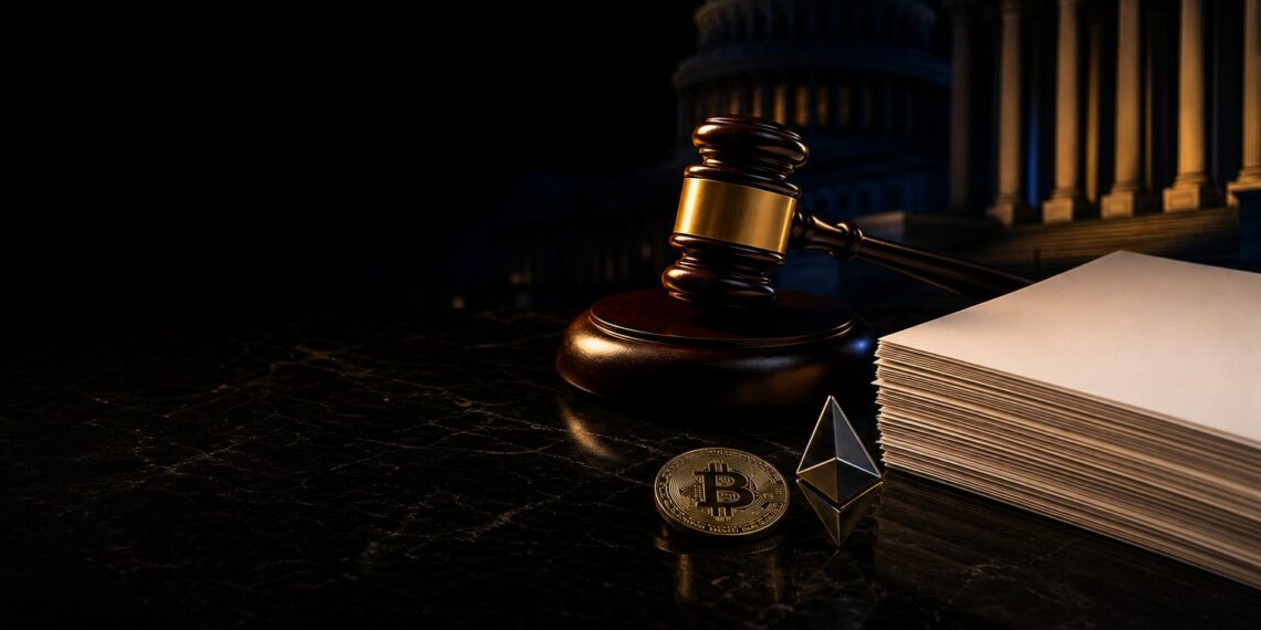 Martelo de juiz e ativos cripto em cena sobre regulação nos EUA