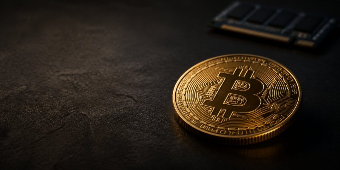 Moeda física de Bitcoin em mesa escura com chip ao fundo, representando pressão macro sobre o mercado cripto