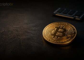 Moeda física de Bitcoin em mesa escura com chip ao fundo, representando pressão macro sobre o mercado cripto