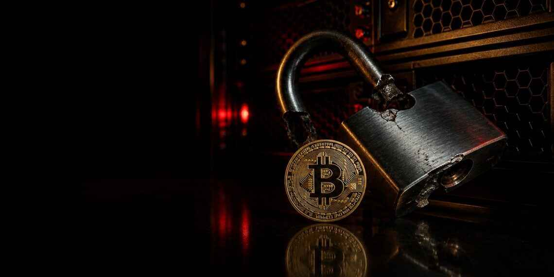 Cadeado rompido em rack de servidores com moeda de Bitcoin, representando caso Scattered Spider